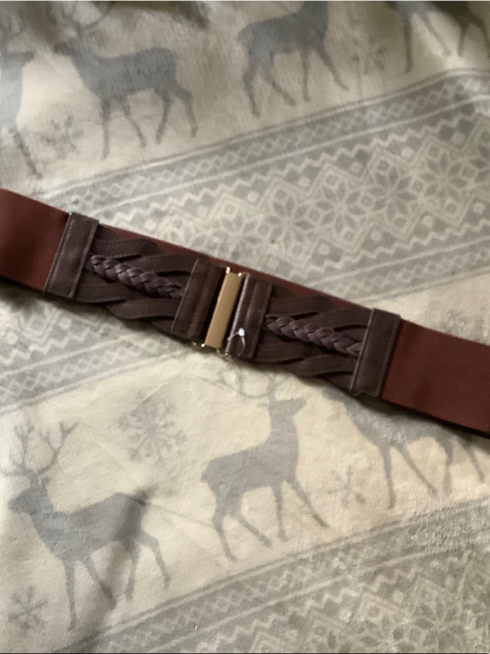 Women's BELT Brown Braided Elastic Waist with Gold Accent